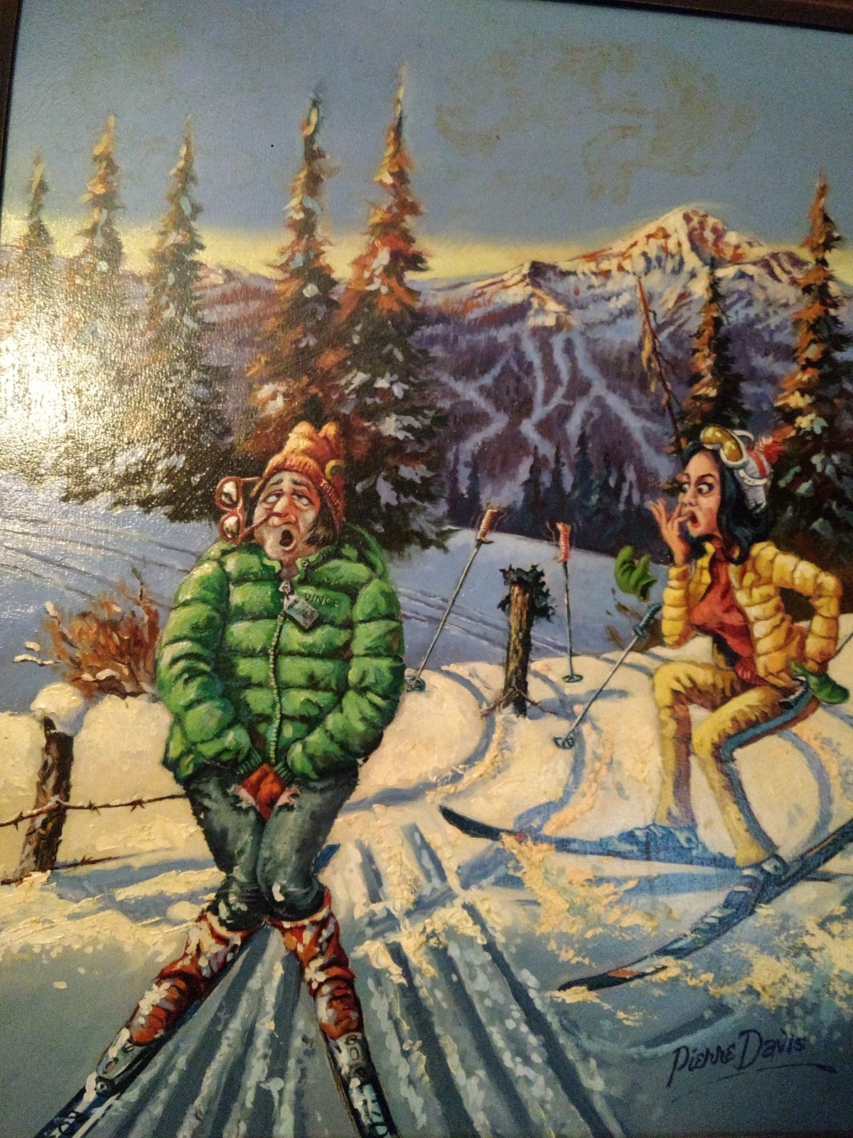 A humorous painting of skiers on a mountain