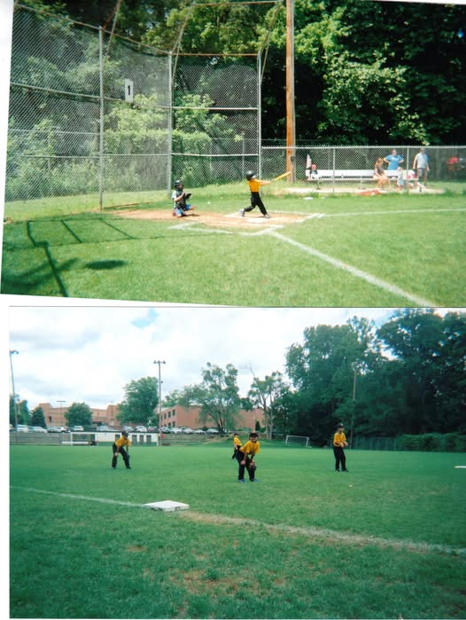 Childhood baseball photos on a field